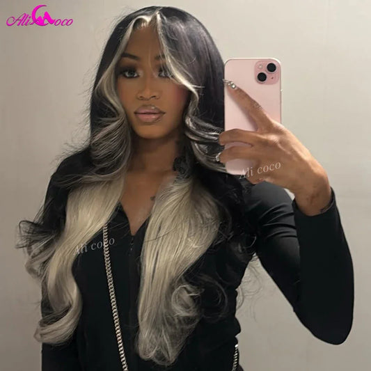 Ombre Natural Black with 613 Inside Colored Transparent Lace Front Human Hair Wig Highlight 613 Colored Pre Plucked Remy Hair
