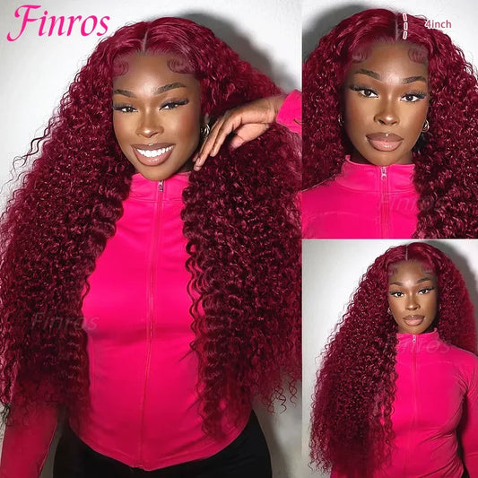 Finros 99J Burgundy 13x6 Hd Deep Wave Lace Frontal Wigs For Women Water Wave 13x4 Transparent Curly Human Hair Wigs Pre Plucked