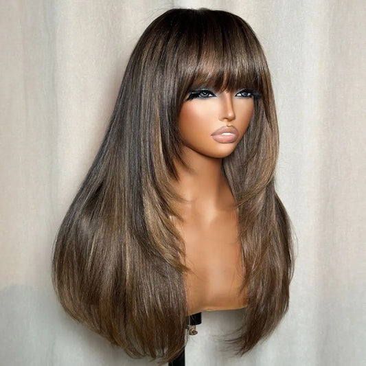 Brown Mix Blonde Highlight With Bang HD Lace Human Hair Wig Clearance Glueless Light Brown with Blond Highlights 22 Inch Wigs